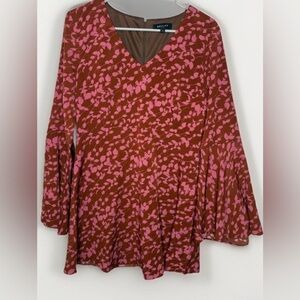 Beulah Brown & Pink Floral Bell Sleeve Mini Dress – Size M